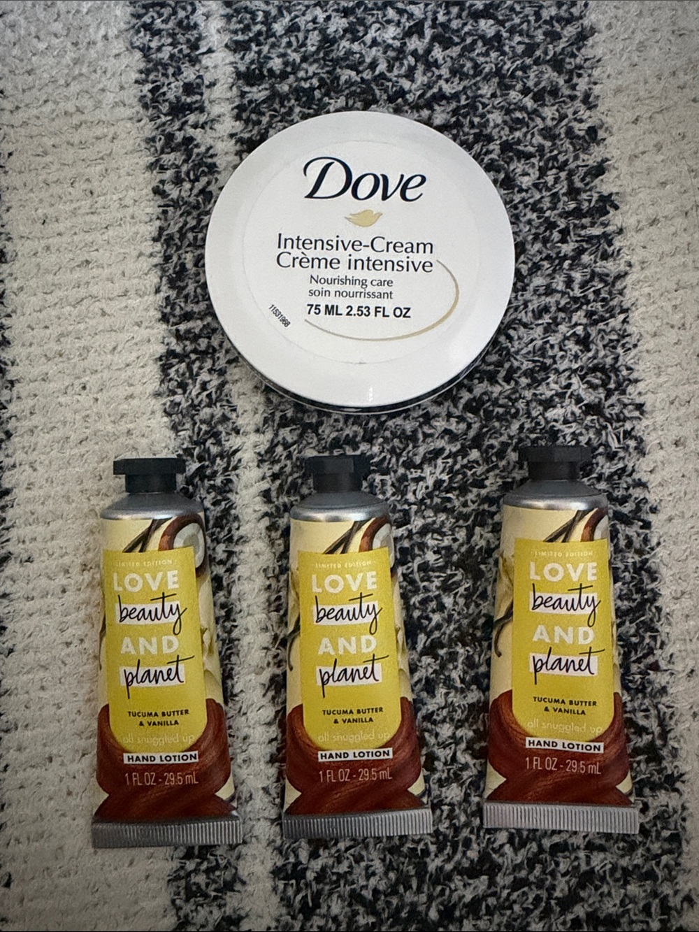 Dove Intensive-Cream (White) & Love Beauty and Planet Hand Lotion Trio (Yellow)